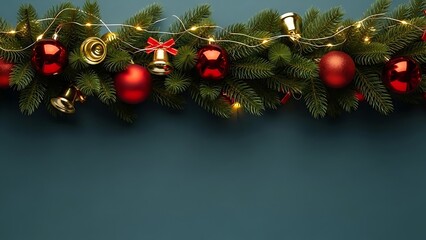 A festive christmas garland with glowing lights and red baubles on a dark background