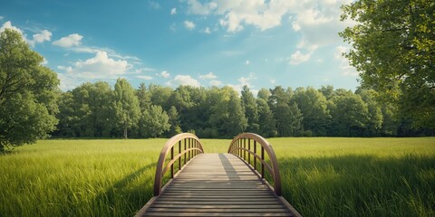 Wooden bridge extending toward a dense forest scene with green foliage and open sky, highlighting summer environment