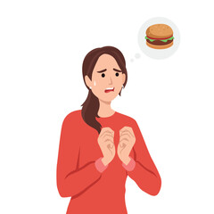 Woman Craving Fast Food While Feeling Worried. Flat vector illustration isolated on white background