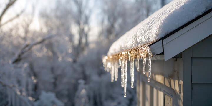 Ice accumulation on roof and gutters highlights winter weather impact, seasonal change awareness