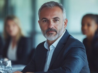 Selective focus. Bright meeting room with principal and staff planning curriculum