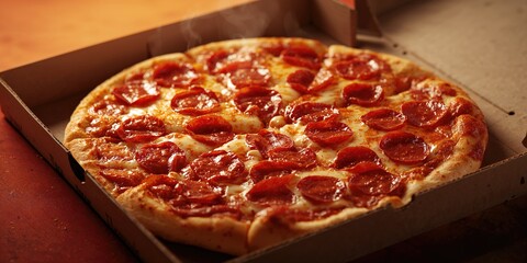 Large pizza in open carton on brown background, highlighting quick-service meal, World Food Day