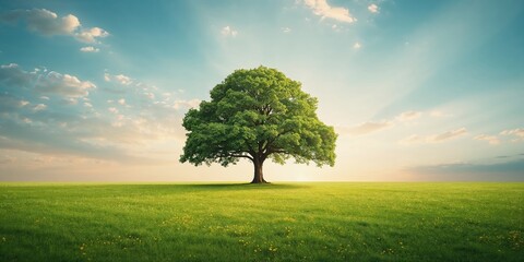 Single tree standing in a wide grassland with a colorful sky, highlighting natural scenery or erosion risk