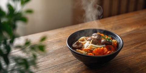 Simmered dried daikon radish, shiitake mushrooms, and carrots prepared as a nourishing vegetable dish, beneficial for fiber intake