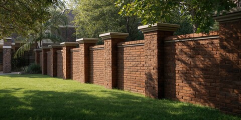 Brown brick fence columns serving as structural support for a garden enclosure, highlighting construction quality