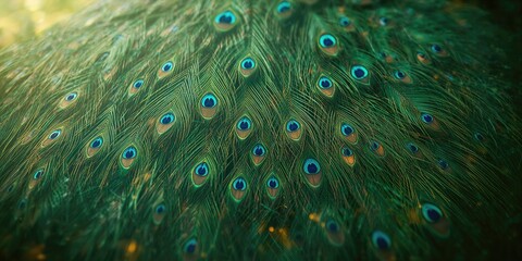 Obraz premium Detailed view of peacock tail feathers with vivid iridescent colors and intricate eye patterns, emphasizing natural adornment