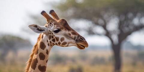 Obraz premium A side portrait of a cute giraffe face, showcasing its large eye and patterned fur, wildlife and habitat, Earth Day