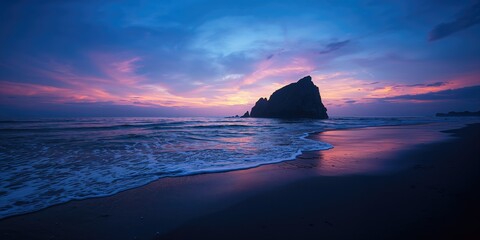 Black sand beach in Bali during evening with water and sky, summer travel destination, coastal landscape, sea waves, sunset atmosphere