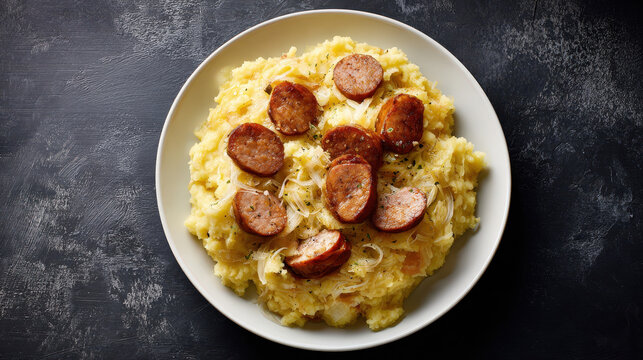 A top-down view of a plate with Stamppot, Dutch dish, with sausage