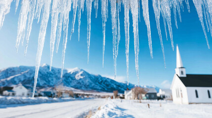 Icicles melting in foreground, framing a quiet winter village scene with a white church and snow capped mountains under a clear sky