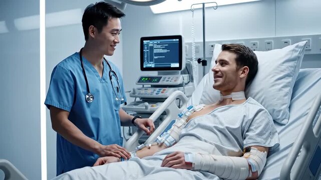 Hospital Recuperation: Doctor Discussing Healthcare Treatment of Patient in Bed