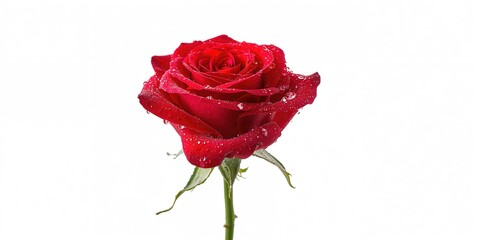 A vibrant red rose with dew drops isolated on white background, freshness and delicate beauty