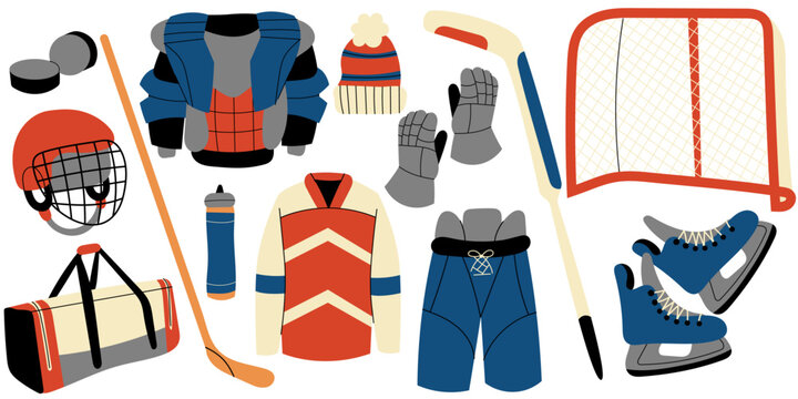 hockey equipment set with skates, sticks, helmet, pads, gloves, jersey, and goal. Perfect for sports designs, winter activities, training posters and team illustrations