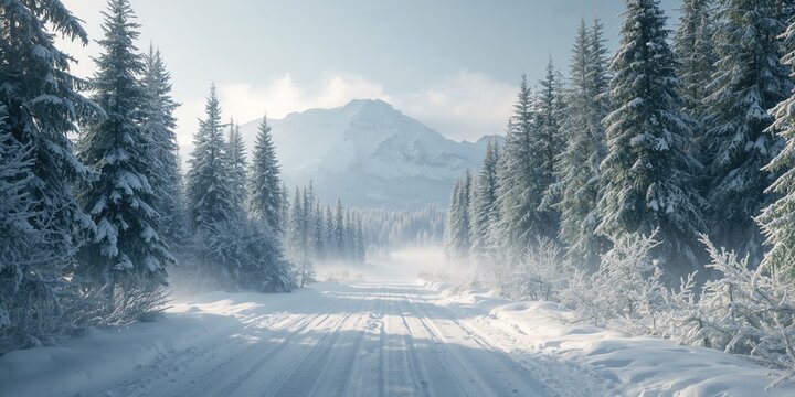 Bird's-eye perspective of winter woodland with evergreen trees blanketed in snow, seasonal landscape
