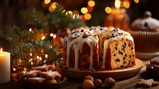 Festive fruitcake with white icing and christmas cookies