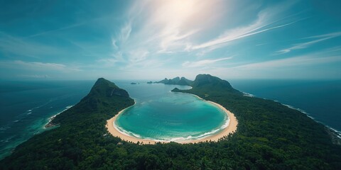 Bird's-eye perspective of a coastal bay with turquoise water and sandy shoreline, suitable for tourism advertising, World Tourism Day