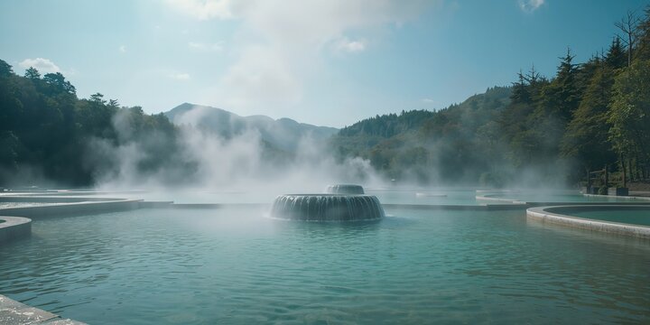Traditional onsen scene with flowing hot spring water, highlighting natural mineral sources, seasonal change