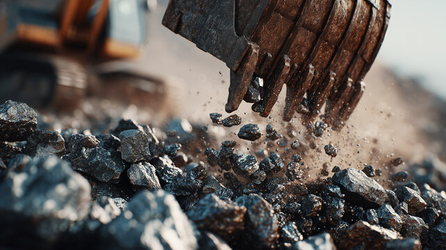 Close-up view of raw minerals and ore being loaded by an excavator.