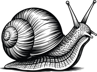 Garden snail with shell, slow moving mollusk, vintage engraving style sketch, gastropod animal vector illustration © Sume