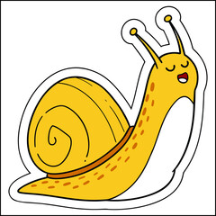 A cute and funny cartoon snail with a spiral shell smiles as it slowly moves through the garden nature illustration