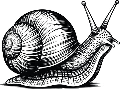 Garden snail with shell, slow moving mollusk, vintage engraving style sketch, gastropod animal vector illustration