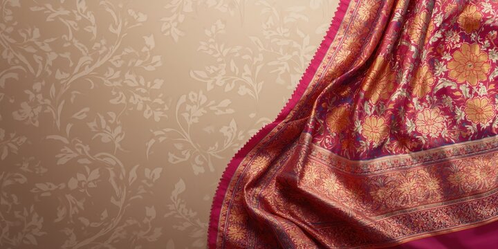 Detailed view of an Indian silk sari highlighting woven patterns for traditional clothing