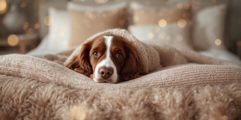 Close-up of a friendly springer spaniel dog covered with a knitted plaid resting on a large bed, comfort and relaxation, World Animal Day