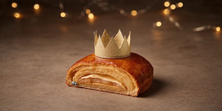 Epiphany kings cake with a golden paper crown and porcelain charm inside, seasonal celebration