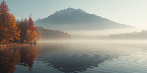 Fototapeta premium Autumn landscape featuring a mist-covered lake surrounded by dense trees and a ghostly mountain silhouette