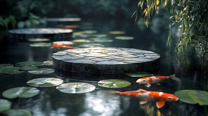 A serene koi pond with stepping stones and vibrant fish swimming among lily pads