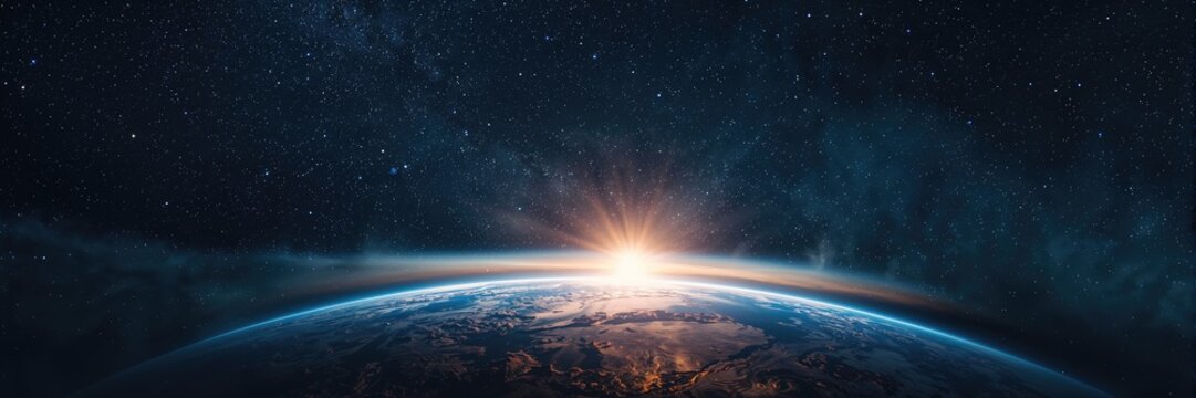 Starry night sky with a blue Milky Way and Earth, suitable for astronomy presentation backgrounds