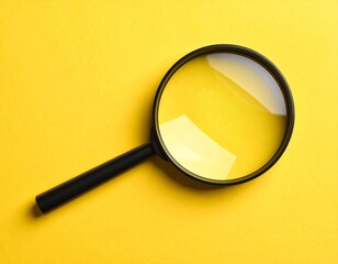 黄色い背景に孤立した一つの黒い縁のルーペ	