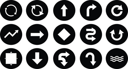 Vector illustration set of directional arrow icons inside circular backgrounds, featuring rotation, navigation, curves, and movement symbols for UI, signage, and design projects