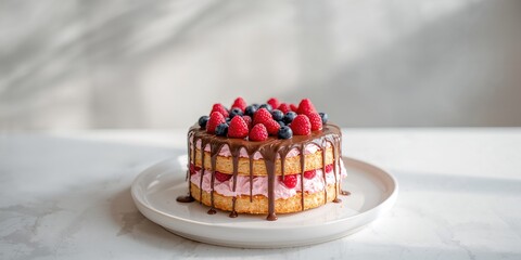 Homemade sponge cake with berries, pink cream, and chocolate, focusing on dessert presentation