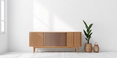 Living room wall mockup with warm interior, wooden slat curved sideboard, green plant in basket and wicker lantern, ideal for interior design layouts