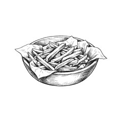 Hand-drawn Sketch of French Fries in a Bowl