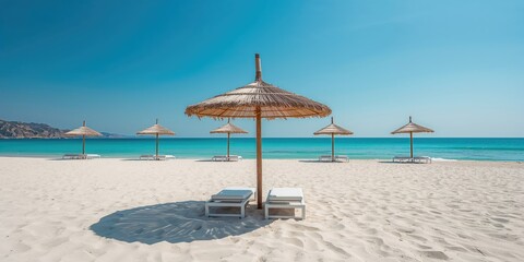 Beach setting with sun umbrellas and sunbeds, designed for outdoor recreation and leisure activities