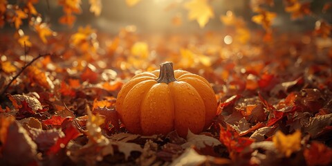 Elevated perspective of a winter squash surrounded by fallen autumn leaves in a garden setting, highlighting seasonal change and crop maturity