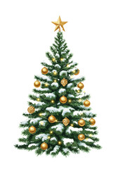 Obraz premium a majestic, snow-dusted christmas tree (picea abies) watercolor illustration, decorated with warm white led lights and vintage gold ornaments against a pure white void background. concept of elegant