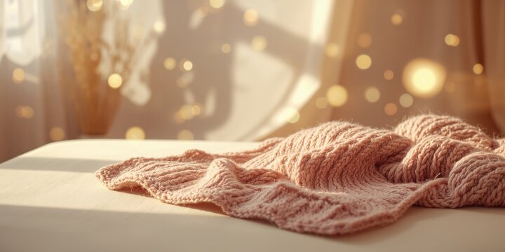 Close up of a chunky knitted blanket made of merino wool highlighting textile texture for interior design, World Textile Day - Powered by Adobe