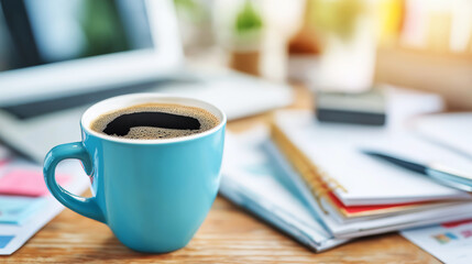 Coffee mug on office desk, laptop and note books, contemplating work, studying or remote working