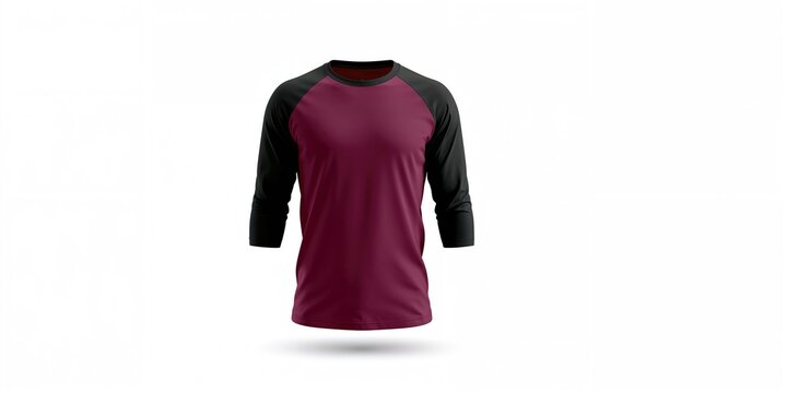 Plain raglan shirt with 3/4 length sleeves and vibrant front panel, isolated on white background for product mockup