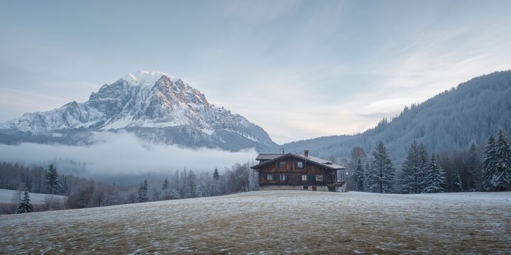 Mountain house nestled in snow-covered landscape with trees and sky, natural preservation, winter season