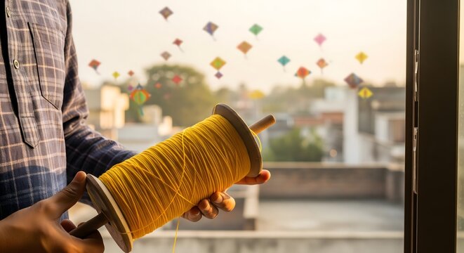 Person holding a large yellow kite spool while colorful kites fly in the sky during sunset, symbolizing Makar Sankranti celebrations, Uttarayan traditions, festive excitement, and the joy of kite 