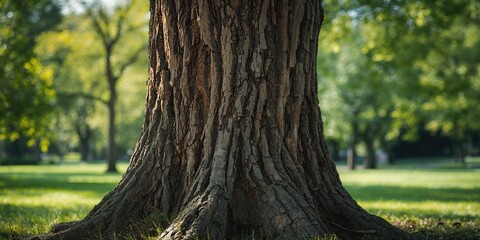 A bark tree in the park providing texture for environmental signage, Earth Day