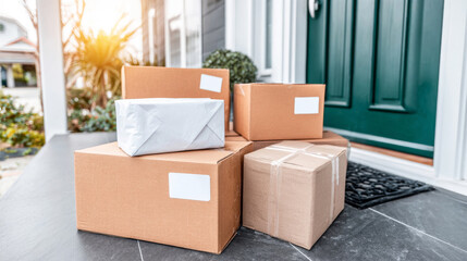 Stack of various parcels and cardboard boxes delivered to a residential doorstep, representing modern e commerce and retail trends