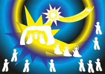 Christmas nativity scene with Wishes in Latin, silhouettes in white of Three Kings with gifts, Modern people and Star of Bethlehem - abstract graphic with light in yellow and blue