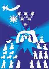 Christmas nativity scene with Wishes in Latin, silhouettes in white of shepherds with sheep, Three Kings with gifts, Modern people, Angels and Star of Bethlehem - abstract graphic with light in blue