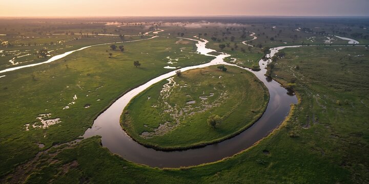 Okavango Delta grassland scene, highlighting seasonal flood patterns in Africa