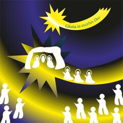 Christmas nativity scene with Wishes in Latin, silhouettes in white of Three Kings with gifts, Modern people and Star of Bethlehem - abstract graphic with light in blue nad yellow